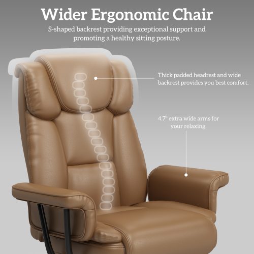 Solfway Big and Tall Office Chair 400lbs, Reclining Home Office Desk Chair with Footrest for Adult, High Back Wide Seat Executive Computer Chair, Brown - Image 4