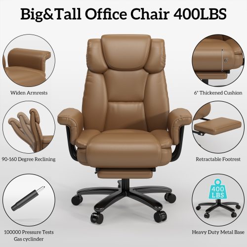 Solfway Big and Tall Office Chair 400lbs, Reclining Home Office Desk Chair with Footrest for Adult, High Back Wide Seat Executive Computer Chair, Brown - Image 6