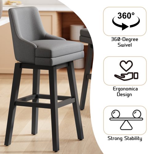 Solfway Bar Stools Set of 4, 26" H Upholstered Barstools with Backs, Swivel Modern Counter Height Bar Stool Chairs for Kitchen Island, Wood Legs, Gray Fabric Counter Stools - Image 3