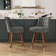Solfway Counter Height Bar Stools Set of 2, 24 inch Gray Velvet Kitchen Swivel Counter Stools with Backs, Metal Legs and Footrest, Bar Chairs for Kitchen Island