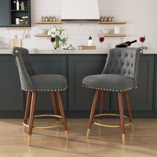 Solfway Counter Height Bar Stools Set of 2, 24 inch Gray Velvet Kitchen Swivel Counter Stools with Backs, Metal Legs and Footrest, Bar Chairs for Kitchen Island