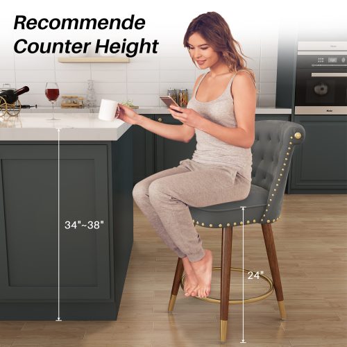 Solfway Counter Height Bar Stools Set of 2, 24 inch Gray Velvet Kitchen Swivel Counter Stools with Backs, Metal Legs and Footrest, Bar Chairs for Kitchen Island - Image 7