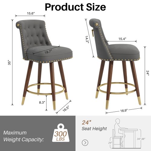 Solfway Counter Height Bar Stools Set of 2, 24 inch Gray Velvet Kitchen Swivel Counter Stools with Backs, Metal Legs and Footrest, Bar Chairs for Kitchen Island - Image 2