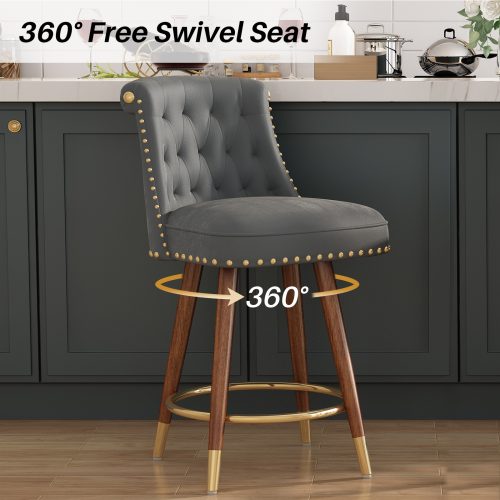 Solfway Counter Height Bar Stools Set of 2, 24 inch Gray Velvet Kitchen Swivel Counter Stools with Backs, Metal Legs and Footrest, Bar Chairs for Kitchen Island - Image 3
