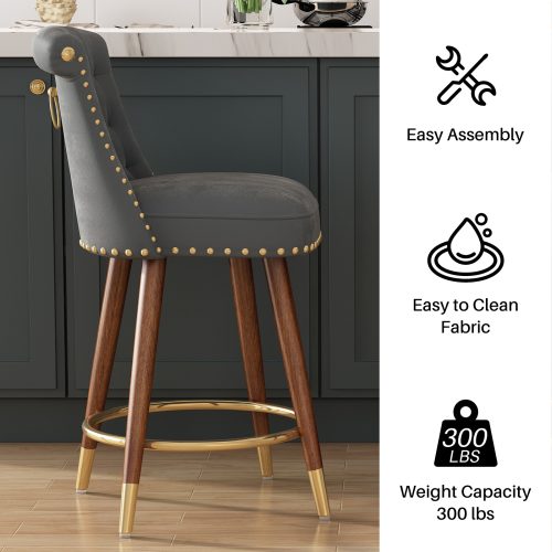 Solfway Counter Height Bar Stools Set of 2, 24 inch Gray Velvet Kitchen Swivel Counter Stools with Backs, Metal Legs and Footrest, Bar Chairs for Kitchen Island - Image 4