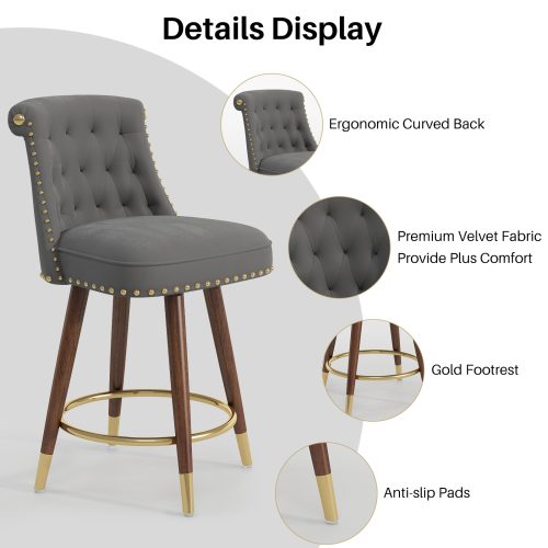 Solfway Counter Height Bar Stools Set of 2, 24 inch Gray Velvet Kitchen Swivel Counter Stools with Backs, Metal Legs and Footrest, Bar Chairs for Kitchen Island - Image 6