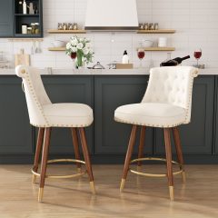 Solfway Counter Height Bar Stools Set of 2, 24 inch White Velvet Kitchen Swivel Counter Stools with Backs, Metal Legs and Footrest, Bar Chairs for Kitchen Island