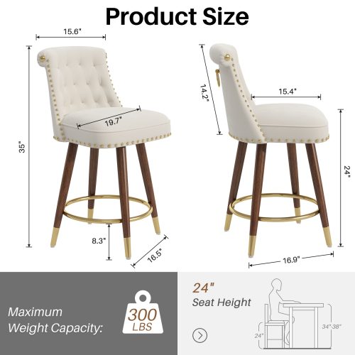 Solfway Counter Height Bar Stools Set of 4, 24 inch White Velvet Kitchen Swivel Counter Stools with Backs, Metal Legs and Footrest, Bar Chairs for Kitchen Island - Image 2