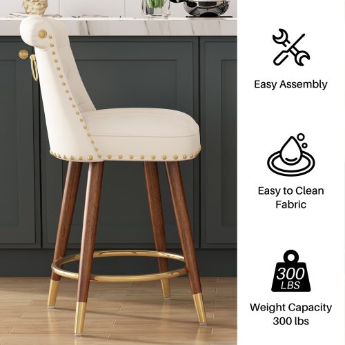 Solfway Counter Height Bar Stools Set of 4, 24 inch White Velvet Kitchen Swivel Counter Stools with Backs, Metal Legs and Footrest, Bar Chairs for Kitchen Island - Image 4