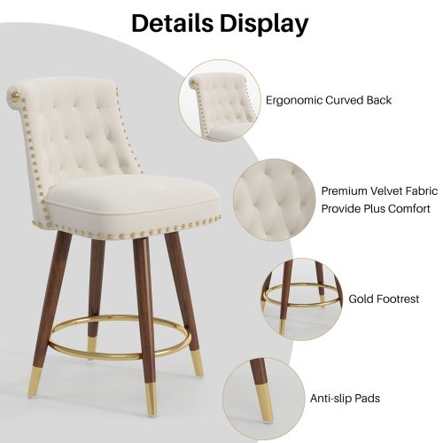 Solfway Counter Height Bar Stools Set of 4, 24 inch White Velvet Kitchen Swivel Counter Stools with Backs, Metal Legs and Footrest, Bar Chairs for Kitchen Island - Image 6