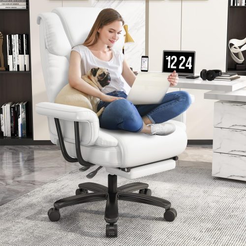 Solfway Big and Tall Office Chair 400lbs, Reclining Home Office Desk Chair with Footrest for Adult, High Back Wide Seat Executive Computer Chair, White