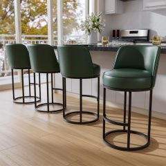 Solfway Bar Stools Set of 4, 26 inch Counter Height Bar Stools, Swivel Green Leather Barstools with Backs, Round Base, Footrest, Metal Legs for Kitchen Island