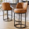 Solfway Bar Stools Set of 2, 26 inch Counter Height Bar Stools, Swivel Brown Leather Barstools with Backs, Round Base, Footrest, Metal Legs for Kitchen Island