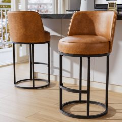 Solfway Bar Stools Set of 2, 26 inch Counter Height Bar Stools, Swivel Brown Leather Barstools with Backs, Round Base, Footrest, Metal Legs for Kitchen Island