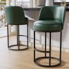 Solfway Bar Stools Set of 2, 26 inch Counter Height Bar Stools, Swivel Green Leather Barstools with Backs, Round Base, Footrest, Metal Legs for Kitchen Island