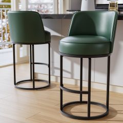Solfway Bar Stools Set of 2, 26 inch Counter Height Bar Stools, Swivel Green Leather Barstools with Backs, Round Base, Footrest, Metal Legs for Kitchen Island
