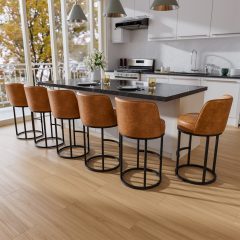 Solfway Bar Stools Set of 6, 26 inch Counter Height Bar Stools, Swivel Brown Leather Barstools with Backs, Round Base, Footrest, Metal Legs for Kitchen Island