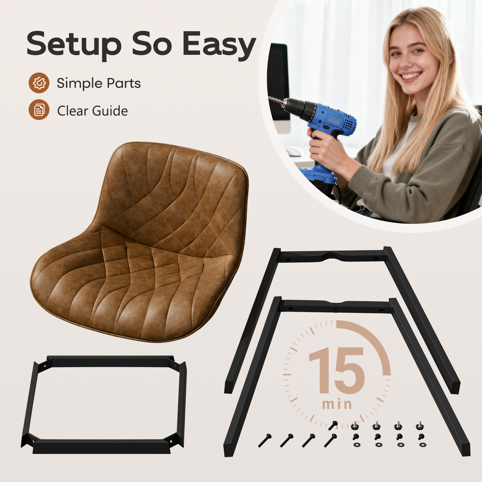 Solfway Bar Stools Set of 4, 26 Inch Barstools with Metal Legs, Brown Leather Farmhouse Upholstered Counter Height Bar Stool for Kitchen, Dining, Bar - Image 9