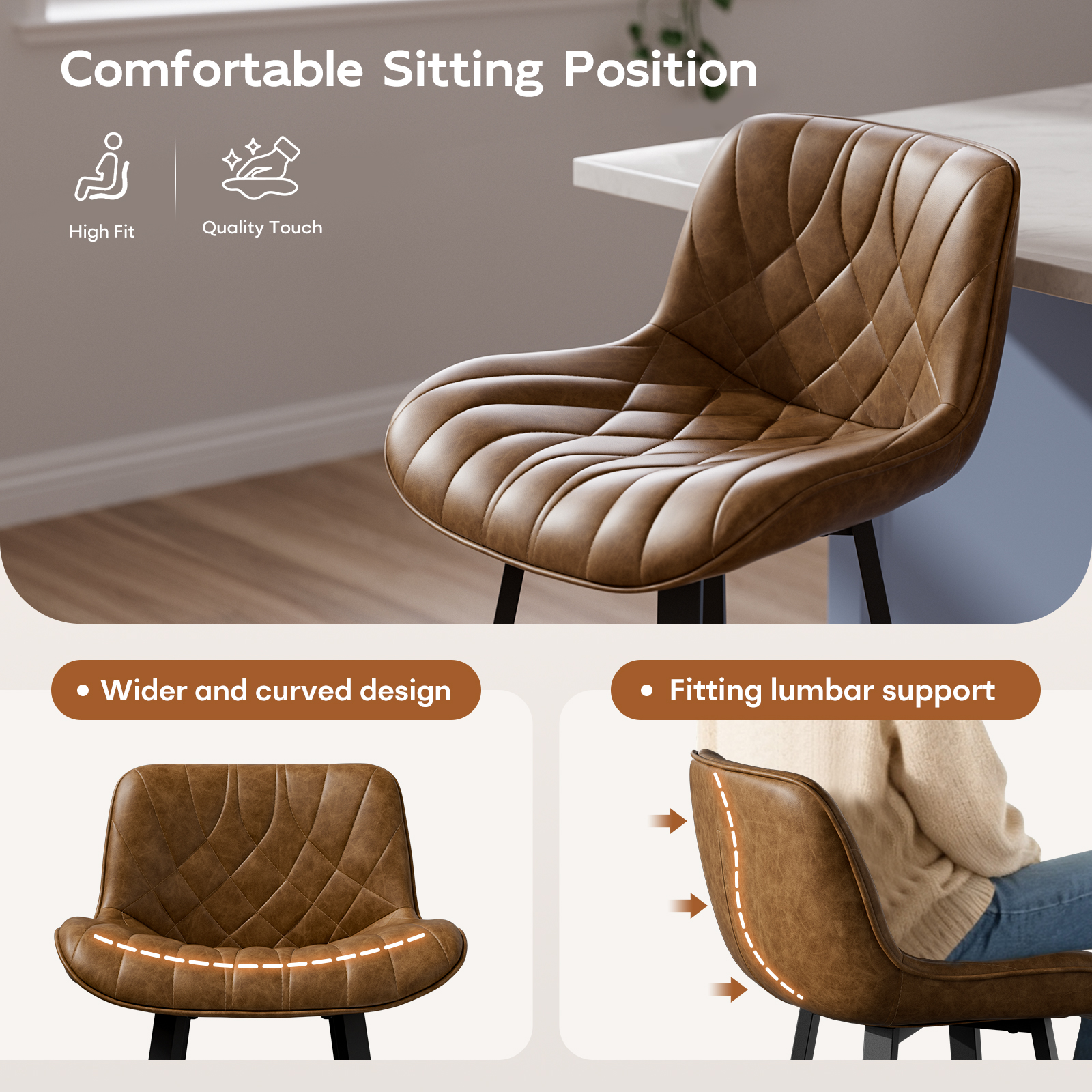 Solfway Bar Stools Set of 4, 26 Inch Barstools with Metal Legs, Brown Leather Farmhouse Upholstered Counter Height Bar Stool for Kitchen, Dining, Bar - Image 4