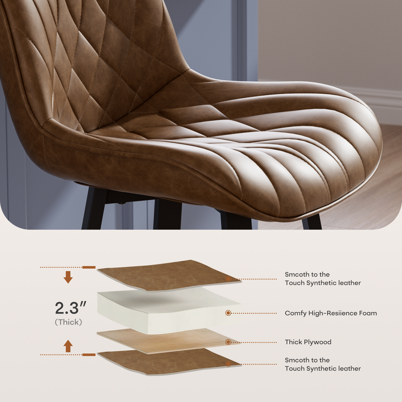 Solfway Bar Stools Set of 4, 26 Inch Barstools with Metal Legs, Brown Leather Farmhouse Upholstered Counter Height Bar Stool for Kitchen, Dining, Bar - Image 8