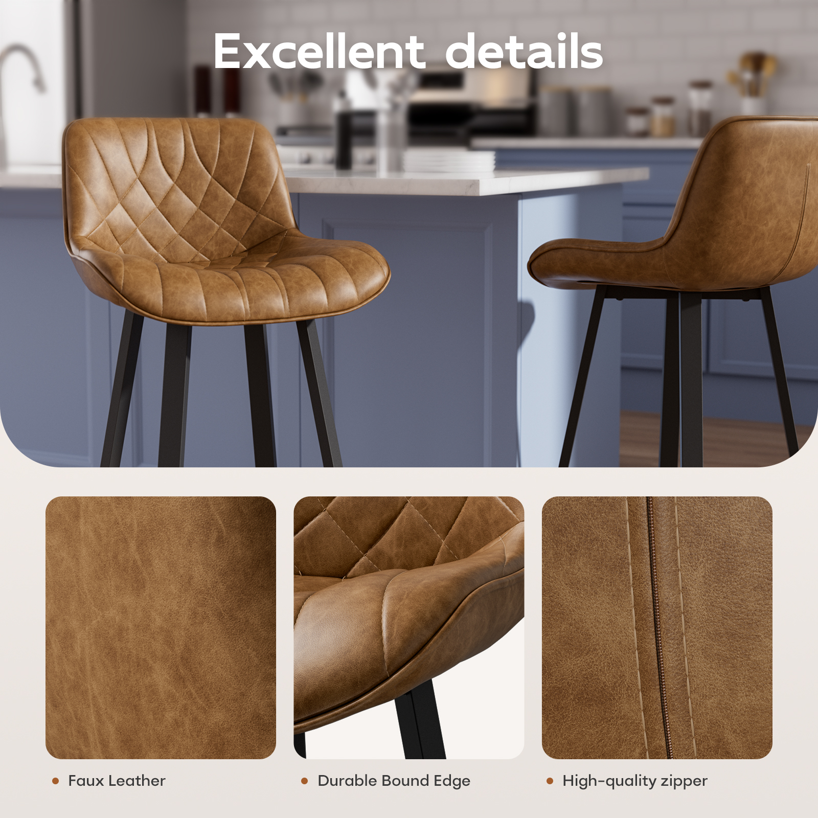 Solfway Bar Stools Set of 4, 26 Inch Barstools with Metal Legs, Brown Leather Farmhouse Upholstered Counter Height Bar Stool for Kitchen, Dining, Bar - Image 7