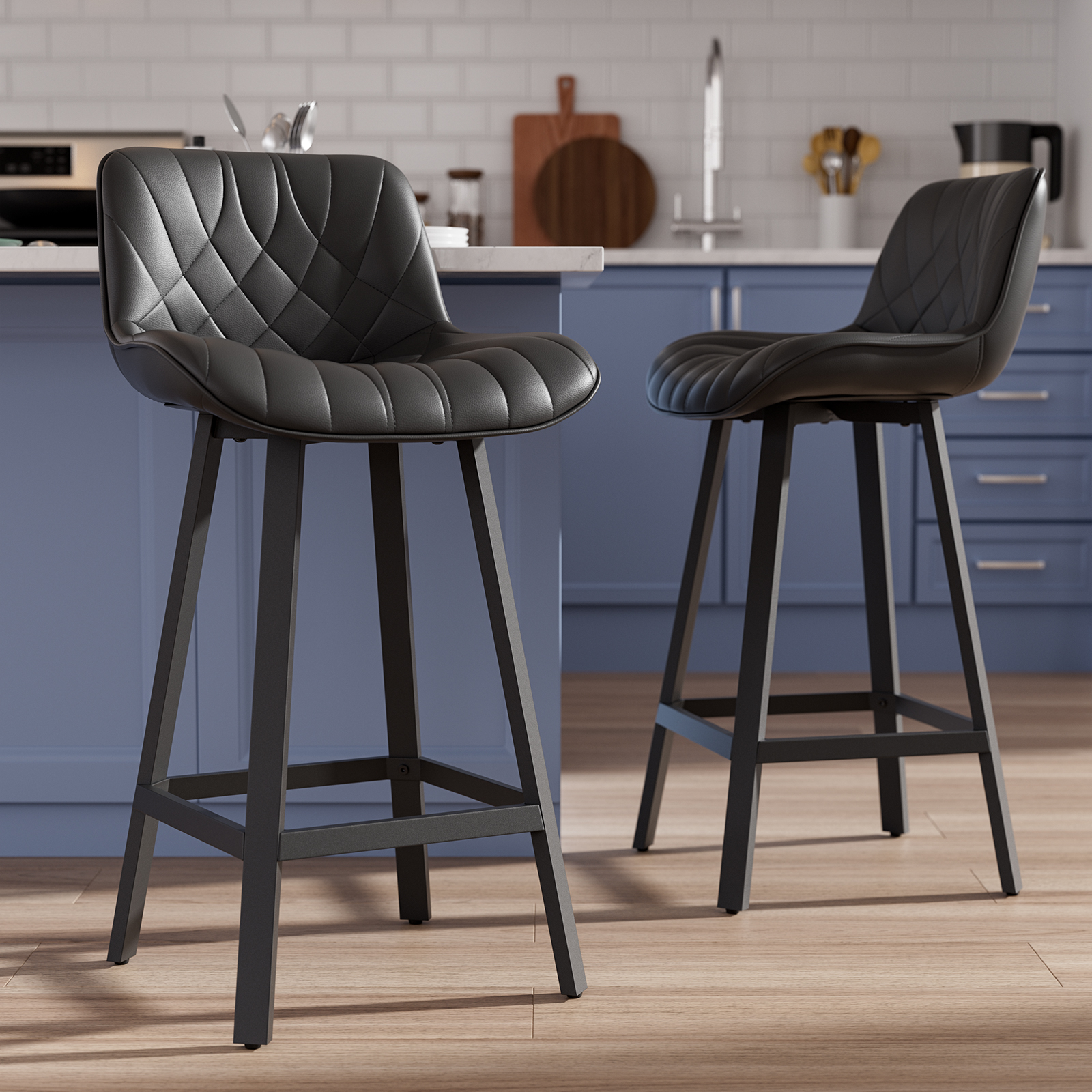 Solfway Bar Stools Set of 2, 26 Inch Barstools with Metal Legs, Black Leather Farmhouse Upholstered Counter Height Bar Stool for Kitchen, Dining, Bar