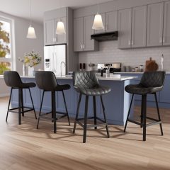 Solfway Bar Stools Set of 4, 26 Inch Barstools with Metal Legs, Black Leather Farmhouse Upholstered Counter Height Bar Stool for Kitchen, Dining, Bar