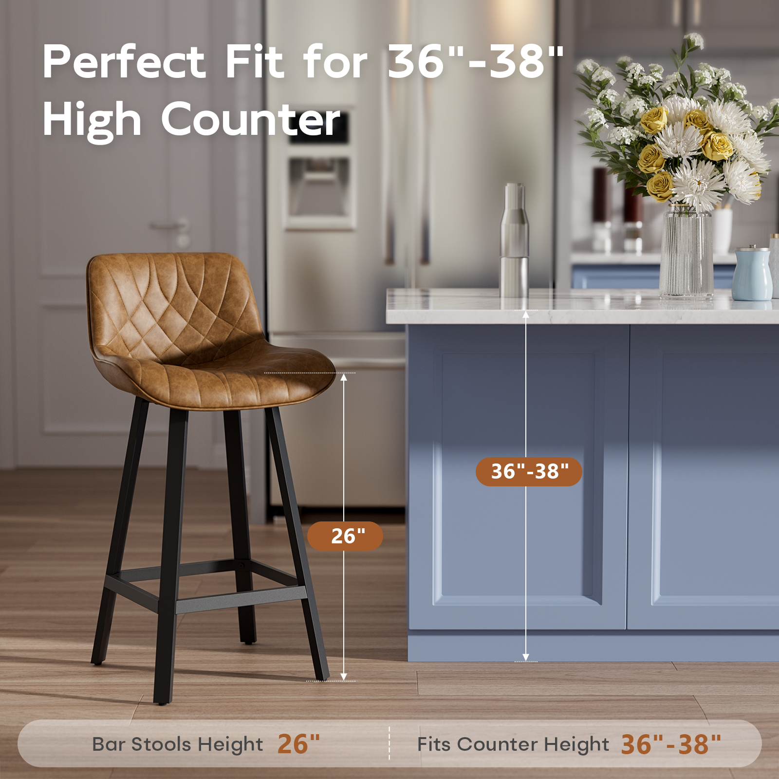 Solfway Bar Stools Set of 4, 26 Inch Barstools with Metal Legs, Brown Leather Farmhouse Upholstered Counter Height Bar Stool for Kitchen, Dining, Bar - Image 3