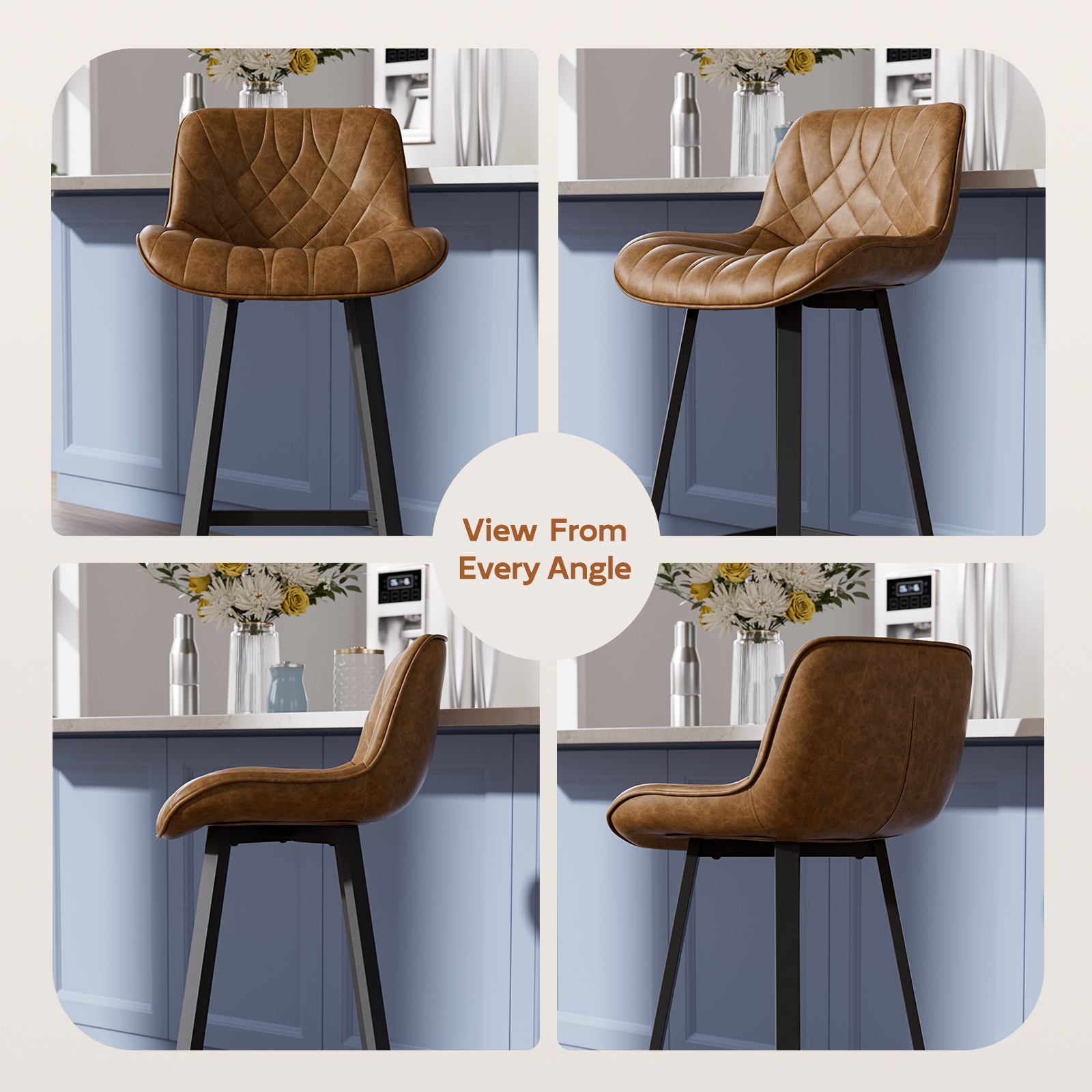 Solfway Bar Stools Set of 4, 26 Inch Barstools with Metal Legs, Brown Leather Farmhouse Upholstered Counter Height Bar Stool for Kitchen, Dining, Bar - Image 5