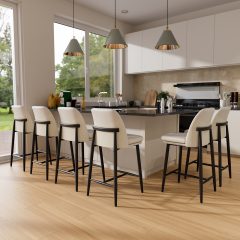 Solfway Bar Stools Set of 6, Upholstered Counter Height Bar Stools, Counter Stools 26 Inch Barstools with Back, Metal Legs and Textured Leather&Fabric for Kitchen Island Dining Room, White