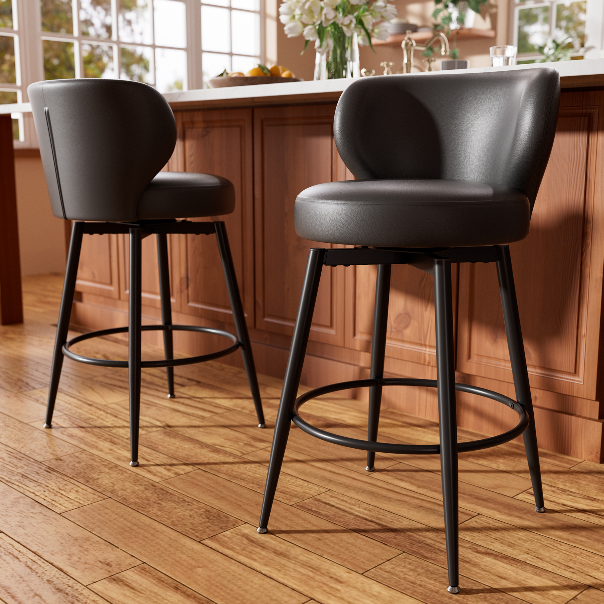 Solfway Bar Stools Set of 2, 26 Inch Barstools with Sturdy Legs, Black Leather Farmhouse Swivel Counter Height Bar Stool for Kitchen, Dining, Bar