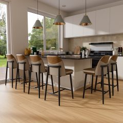 Solfway Bar Stools Set of 6, Upholstered Counter Height Bar Stools, Counter Stools 26 Inch Barstools with Back, Metal Legs and Textured Leather&Fabric for Kitchen Island Dining Room, Brown