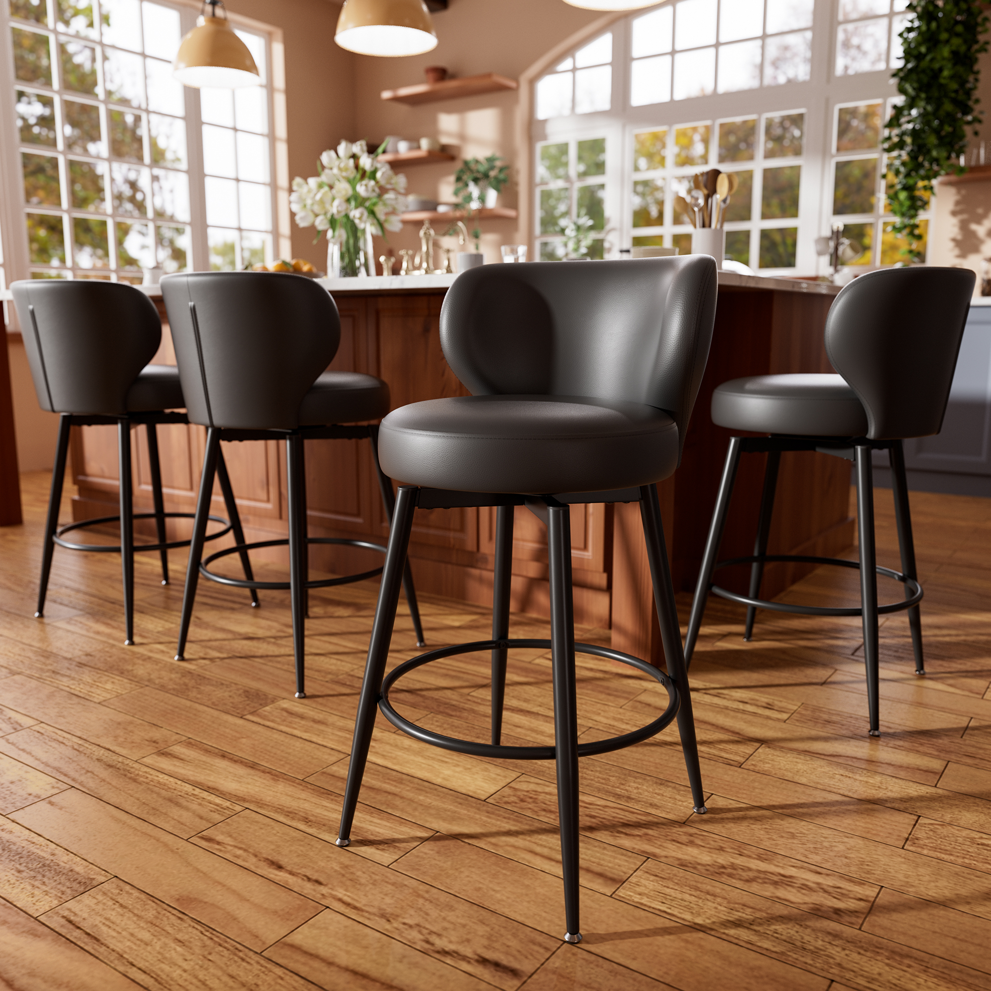 Solfway Bar Stools Set of 2, 26 Inch Barstools with Sturdy Legs, Black Leather Farmhouse Swivel Counter Height Bar Stool for Kitchen, Dining, Bar - Image 9
