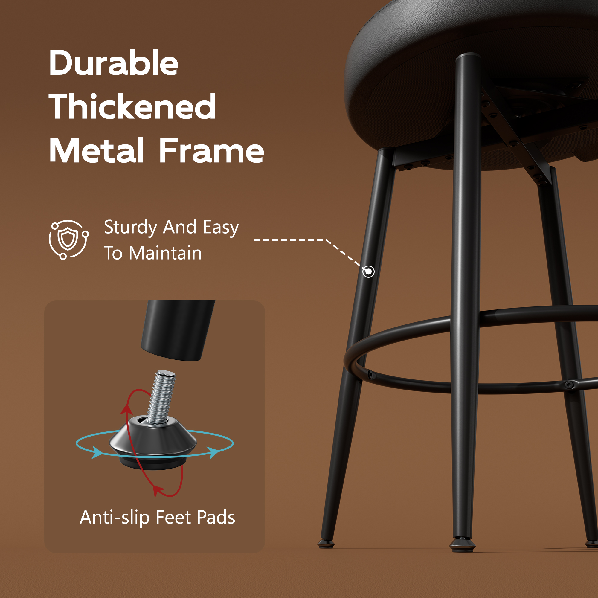 Solfway Bar Stools Set of 2, 26 Inch Barstools with Sturdy Legs, Black Leather Farmhouse Swivel Counter Height Bar Stool for Kitchen, Dining, Bar - Image 5