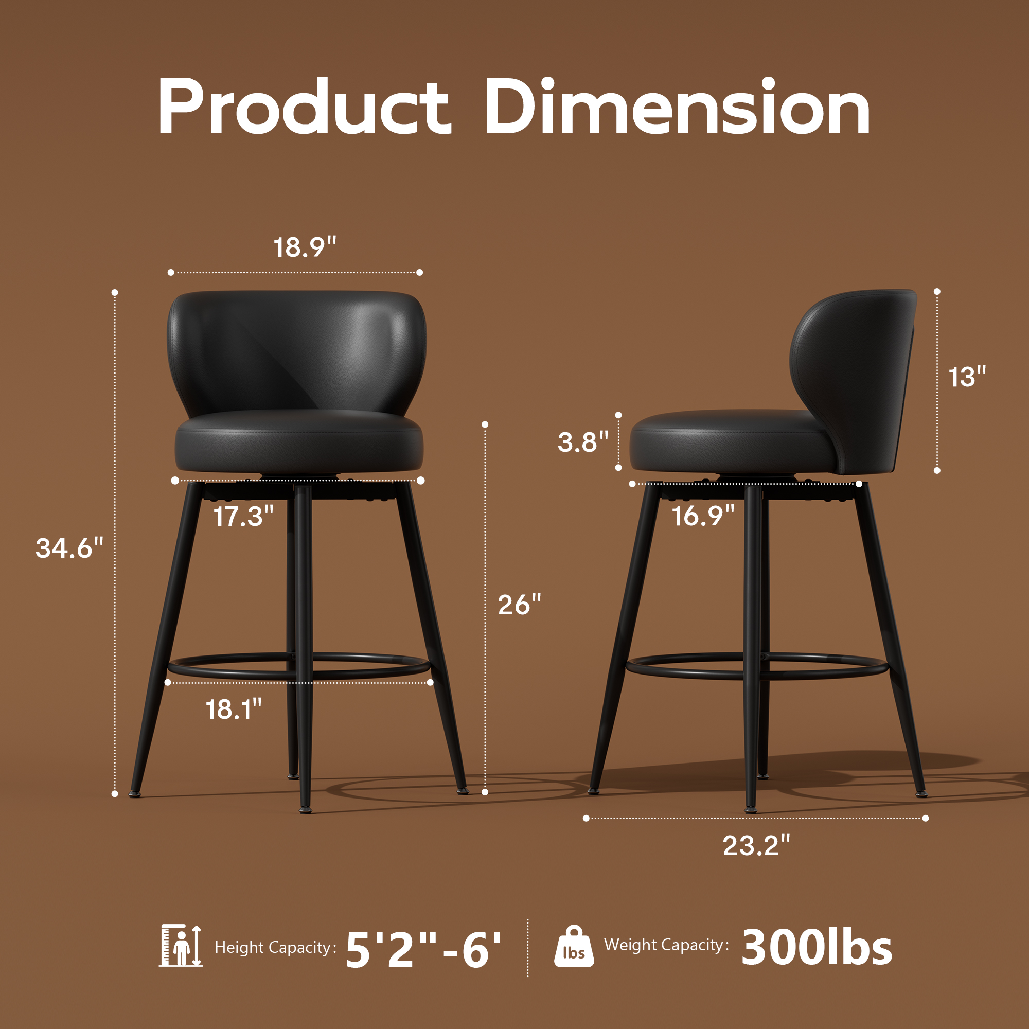 Solfway Bar Stools Set of 2, 26 Inch Barstools with Sturdy Legs, Black Leather Farmhouse Swivel Counter Height Bar Stool for Kitchen, Dining, Bar - Image 2