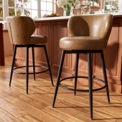 Solfway Bar Stools Set of 2, 26 Inch Barstools with Sturdy Legs, Brown Leather Farmhouse Swivel Counter Height Bar Stool for Kitchen, Dining, Bar
