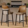 Solfway Bar Stools Set of 2, Upholstered Counter Height Bar Stools, Counter Stools 26 Inch Barstools with Back, Metal Legs and Textured Leather&Fabric for Kitchen Island Dining Room, Brown