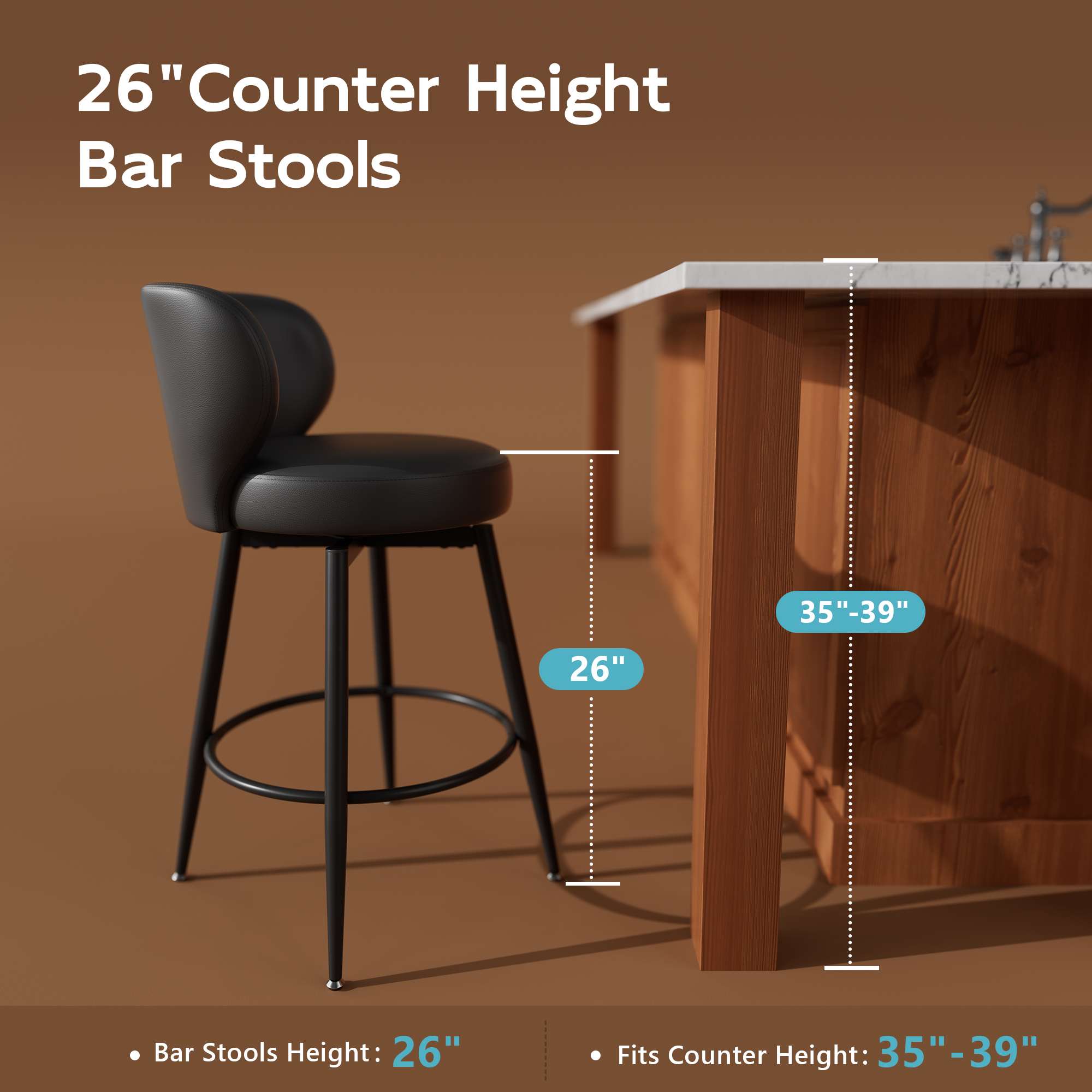 Solfway Bar Stools Set of 2, 26 Inch Barstools with Sturdy Legs, Black Leather Farmhouse Swivel Counter Height Bar Stool for Kitchen, Dining, Bar - Image 3