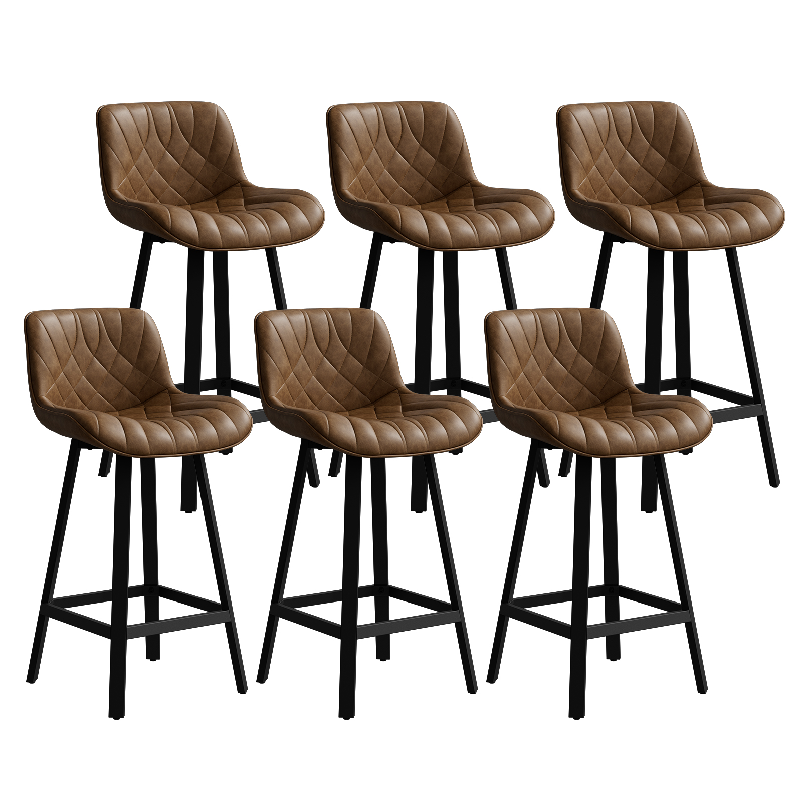 Solfway Bar Stools Set of 6, 26 Inch Barstools with Metal Legs, Brown Leather Farmhouse Upholstered Counter Height Bar Stool for Kitchen, Dining, Bar