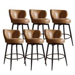 Solfway Bar Stools Set of 6, 26 Inch Barstools with Sturdy Legs, Brown Leather Farmhouse Swivel Counter Height Bar Stool for Kitchen, Dining, Bar