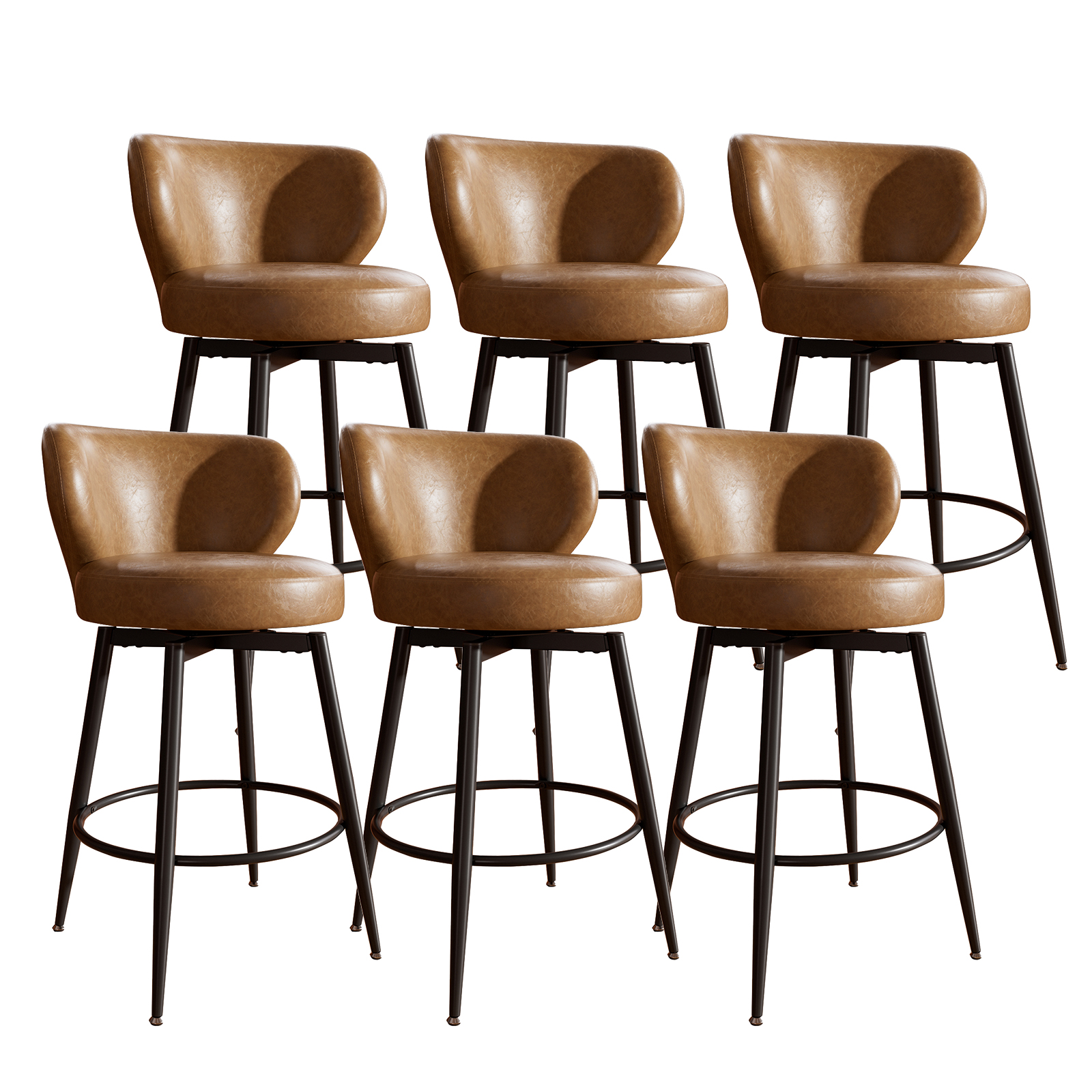 Solfway Bar Stools Set of 6, 26 Inch Barstools with Sturdy Legs, Brown Leather Farmhouse Swivel Counter Height Bar Stool for Kitchen, Dining, Bar