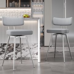 Solfway Swivel Counter Height Bar Stools Set of 2, 26" Leather Swivel Bar Stools with Backs, Metal Legs, Modern Stools for Kitchen Counter, Gray