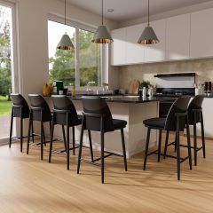 Genpo Bar Stools Set of 6, Upholstered Counter Height Bar Stools, Counter Stools 26 Inch Barstools with Back, Metal Legs and Textured Leather&Fabric for Kitchen Island Dining Room, Black