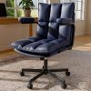 Genpo Blue Office Chair, Mid Century Modern Leather Desk Chairs with Arms, Wheels Thickend Back and Seat, Adjustable Height, Vintage Computer Chair for Home, Office