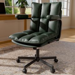 Genpo Green Office Chair, Mid Century Modern Leather Desk Chairs with Arms, Wheels Thickend Back and Seat, Adjustable Height, Vintage Computer Chair for Home, Office