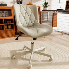 Genpo Armless Desk Chair, Morden Home Office Chair no Arms, Adjustable Height & Rocking Computer Chair, PU Leather Vanity Chair, Ergonomic Seat Soft Padded Desk Chairs for Home Small Space, Beige