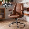 Solfway Brown Leather Office Chair with Wheels Rubber Casters, Padded Arms and Adjustable Height, Mid Century Modern Style Vintage Desk Chair