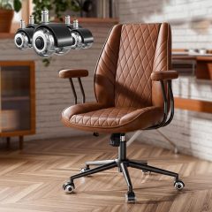 Solfway Brown Leather Office Chair with Wheels Rubber Casters, Padded Arms and Adjustable Height, Mid Century Modern Style Vintage Desk Chair