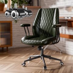 Solfway Green Leather Office Chair with Wheels Rubber Casters, Padded Arms and Adjustable Height, Mid Century Modern Style Vintage Desk Chair