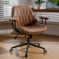 Genpo Mid Century Modern Office Desk Chair with Arms, Cognac Brown Faux Leather Computer Chair, Height Adjustable Vintage Swivel Task Chair for Home Office